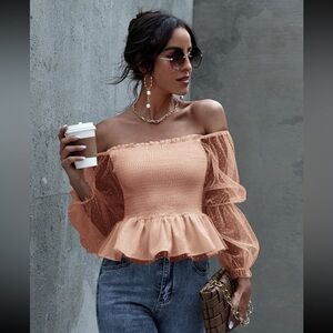 Elegant Pink Ruffled Women's Peplum Top with Sheer Sleeves